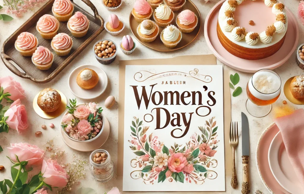 A woman enjoying a chocolate-covered croissant with a "Happy Women's Day" message from Cremure.